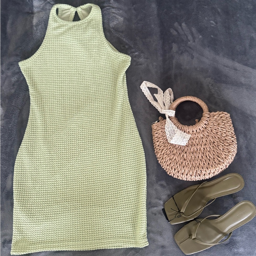 SHEIN Green Ribbed Halter Bodycon Dress